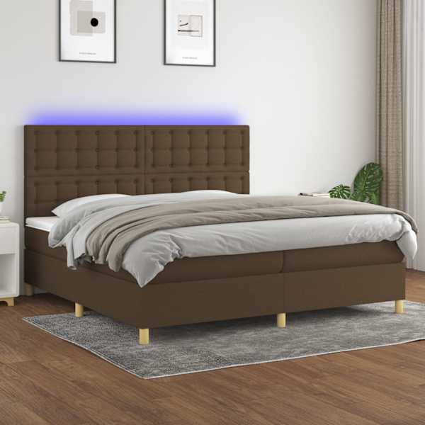 LED-valgustusega kontinentaalvoodi koos 2 madratsiga, tumepruun, 200 × 200 cm, kangas — mudel 3135784