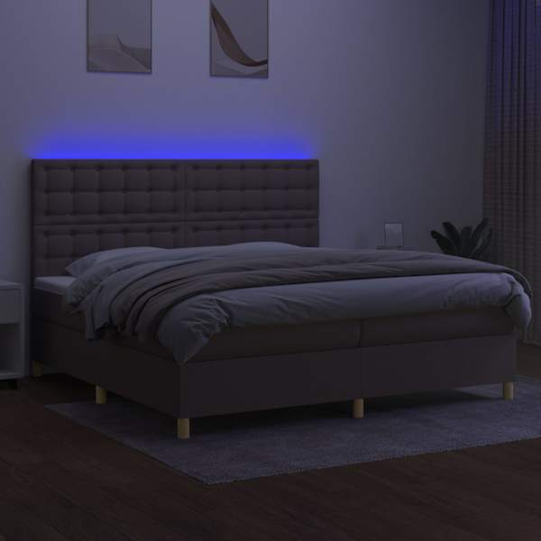 LED-valgustusega kontinentaalvoodi koos 2 madratsiga, pruunikashall, 200 × 200 cm, kangas — mudel 3135785