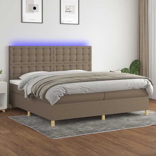 LED-valgustusega kontinentaalvoodi koos 2 madratsiga, pruunikashall, 200 × 200 cm, kangas — mudel 3135785
