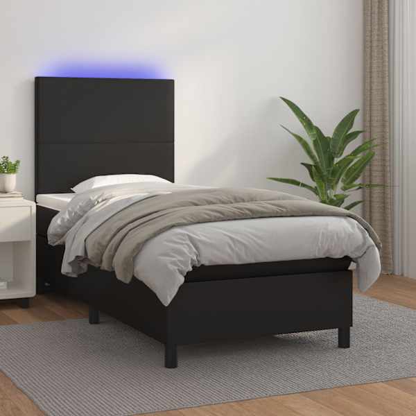LED-valgustusega kontinentaalvoodi koos madratsiga, must, 90 × 200 cm, kunstnahk — mudel 3135801