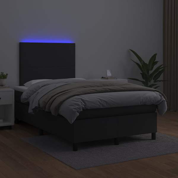 LED-valgustusega kontinentaalvoodi koos madratsiga, must, 120 × 200 cm, kunstnahk — mudel 3135813