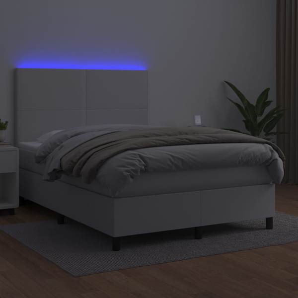 LED-valgustusega kontinentaalvoodi koos madratsiga, valge, 140 × 190 cm, kunstnahk — mudel 3135820