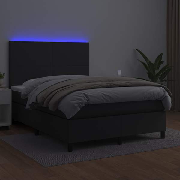LED-valgustusega kontinentaalvoodi koos madratsiga, must, 140 × 200 cm, kunstnahk — mudel 3135825
