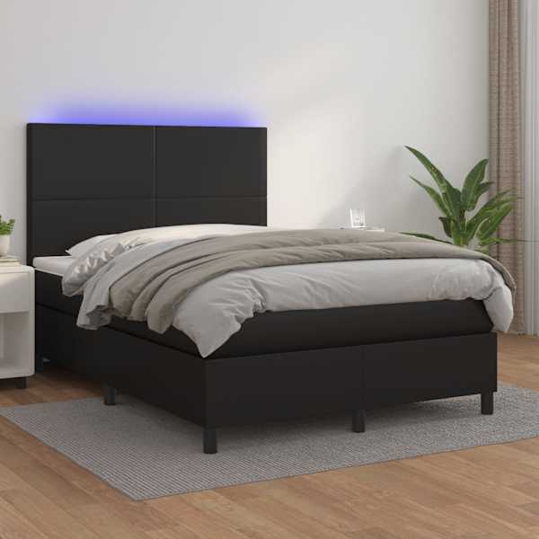 LED-valgustusega kontinentaalvoodi koos madratsiga, must, 140 × 200 cm, kunstnahk — mudel 3135825