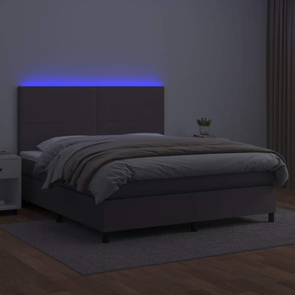 LED-valgustusega kontinentaalvoodi koos madratsiga, hall, 160 × 200 cm, kunstnahk — mudel 3135835
