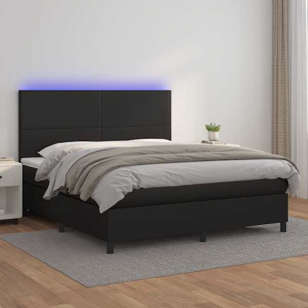 LED-valgustusega kontinentaalvoodi koos madratsiga, must, 180 × 200 cm, kunstnahk — mudel 3135837