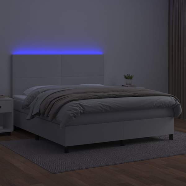LED-valgustusega kontinentaalvoodi koos madratsiga, valge, 180 × 200 cm, kunstnahk — mudel 3135838