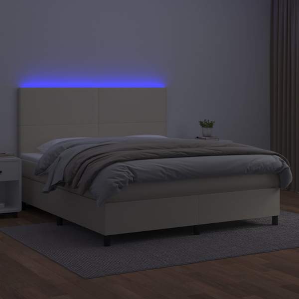 LED-valgustusega kontinentaalvoodi koos madratsiga, kreemjasvalge, 180 × 200 cm, kunstnahk — mudel 3135839