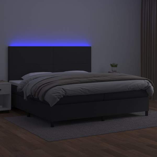LED-valgustusega kontinentaalvoodi koos 2 madratsiga, must, 200 × 200 cm, kunstnahk — mudel 3135843