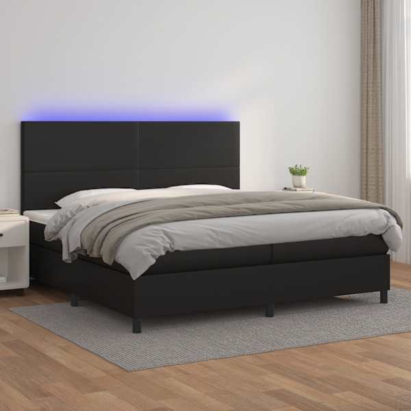 LED-valgustusega kontinentaalvoodi koos 2 madratsiga, must, 200 × 200 cm, kunstnahk — mudel 3135843
