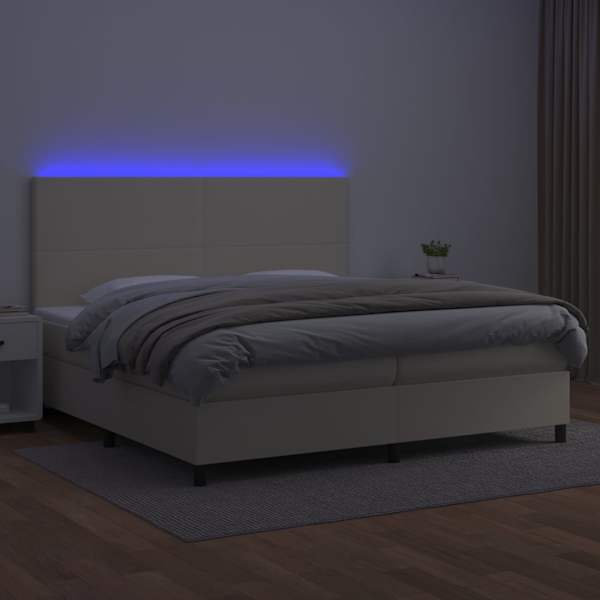 LED-valgustusega kontinentaalvoodi koos 2 madratsiga, kreemjasvalge, 200 × 200 cm, kunstnahk — mudel 3135845