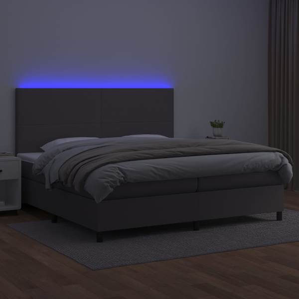 LED-valgustusega kontinentaalvoodi koos 2 madratsiga, hall, 200 × 200 cm, kunstnahk — mudel 3135847