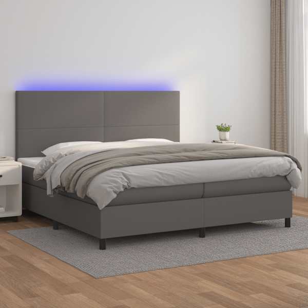 LED-valgustusega kontinentaalvoodi koos 2 madratsiga, hall, 200 × 200 cm, kunstnahk — mudel 3135847