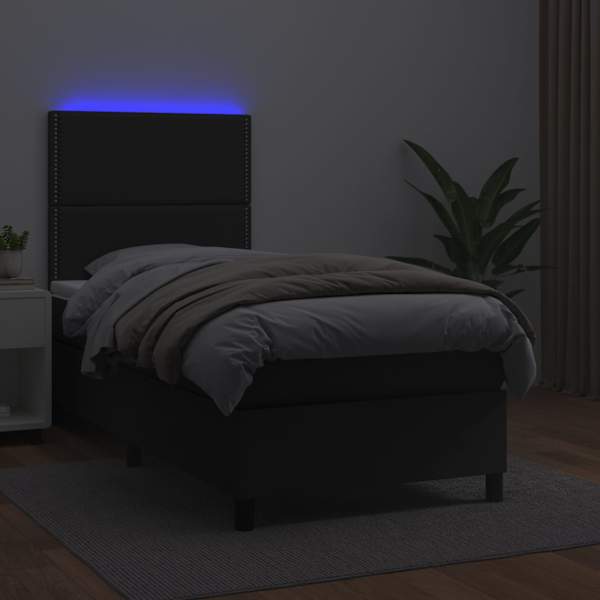 LED-valgustusega kontinentaalvoodi koos madratsiga, must, 100 × 200 cm, kunstnahk — mudel 3135867
