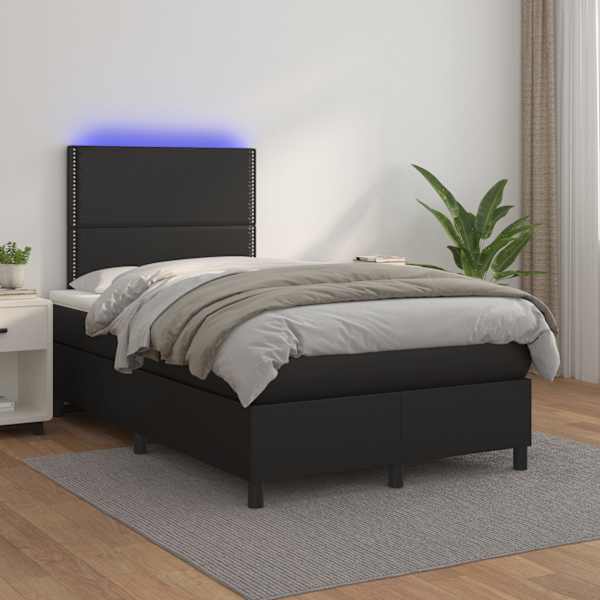 LED-valgustusega kontinentaalvoodi koos madratsiga, must, 120 × 200 cm, kunstnahk — mudel 3135873