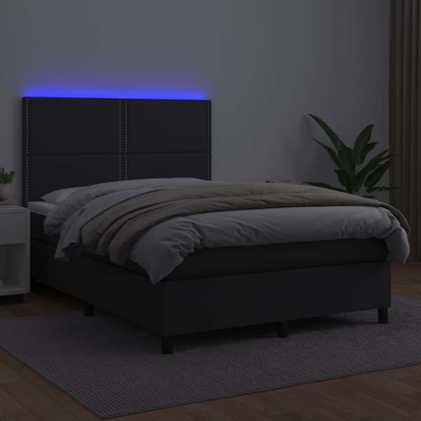 LED-valgustusega kontinentaalvoodi koos madratsiga, must, 140 × 190 cm, kunstnahk — mudel 3135879