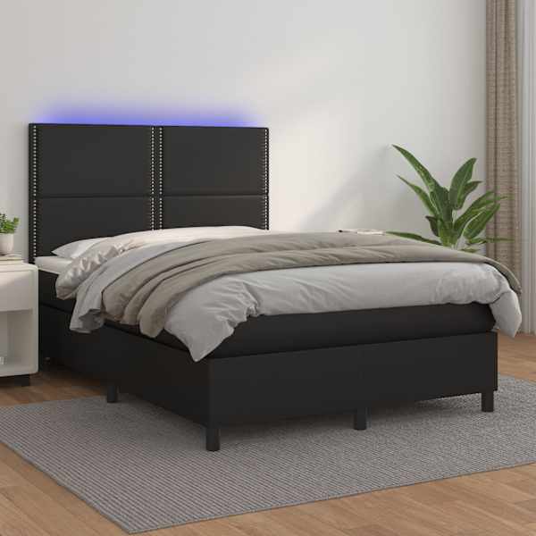 LED-valgustusega kontinentaalvoodi koos madratsiga, must, 140 × 190 cm, kunstnahk — mudel 3135879