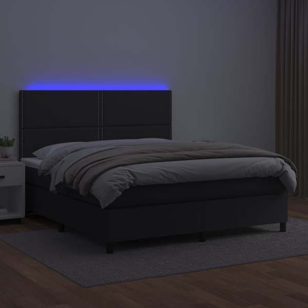 LED-valgustusega kontinentaalvoodi koos madratsiga, must, 180 × 200 cm, kunstnahk — mudel 3135897