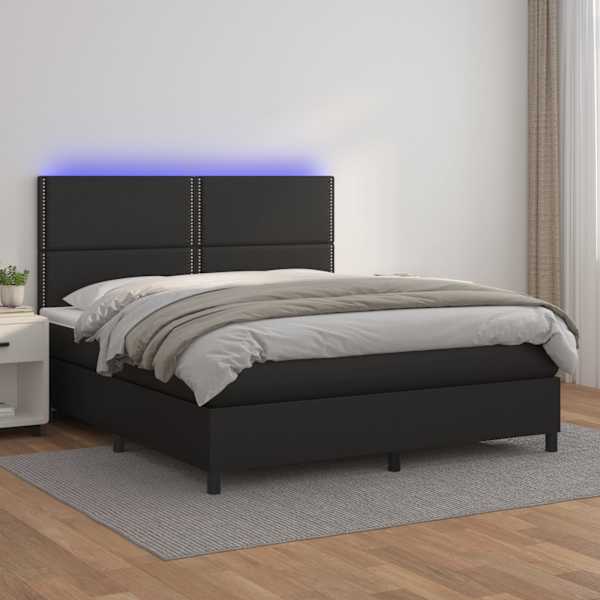LED-valgustusega kontinentaalvoodi koos madratsiga, must, 180 × 200 cm, kunstnahk — mudel 3135897