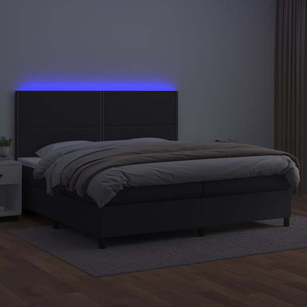 LED-valgustusega kontinentaalvoodi koos 2 madratsiga, must, 200 × 200 cm, kunstnahk — mudel 3135903