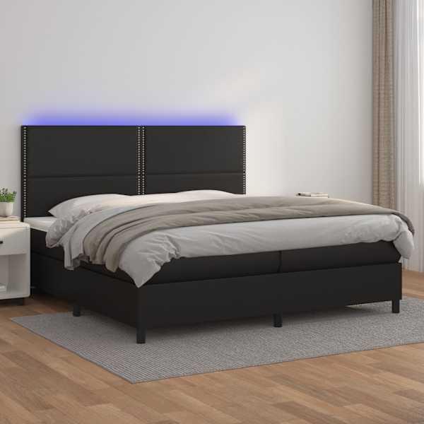 LED-valgustusega kontinentaalvoodi koos 2 madratsiga, must, 200 × 200 cm, kunstnahk — mudel 3135903