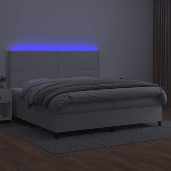LED-valgustusega kontinentaalvoodi koos 2 madratsiga, valge, 200 × 200 cm, kunstnahk — mudel 3135904