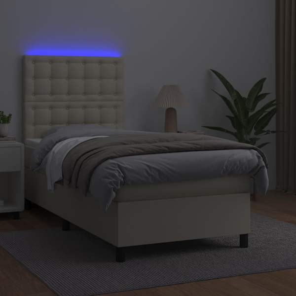 LED-valgustusega kontinentaalvoodi koos madratsiga, kreemjasvalge, 90 × 200 cm, kunstnahk — mudel 3135923