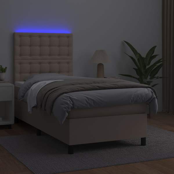 LED-valgustusega kontinentaalvoodi koos madratsiga, cappuccino, 90 × 200 cm, kunstnahk — mudel 3135926