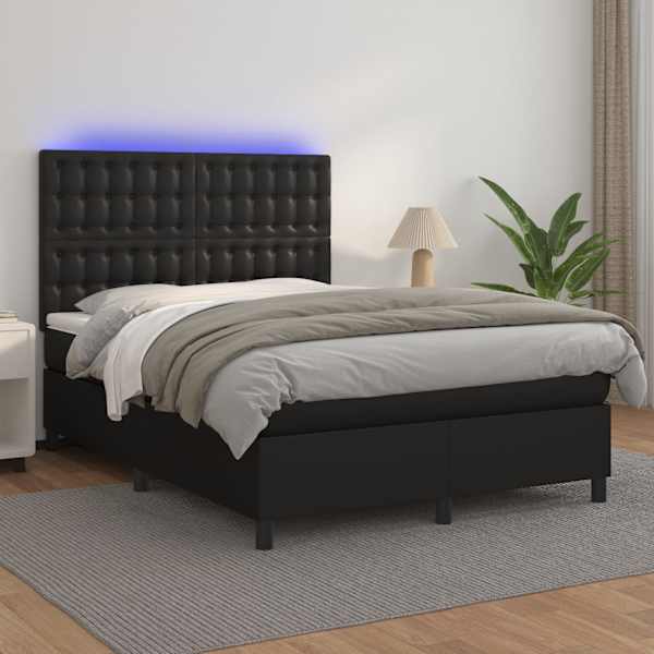 LED-valgustusega kontinentaalvoodi koos madratsiga, must, 140 × 190 cm, kunstnahk — mudel 3135939