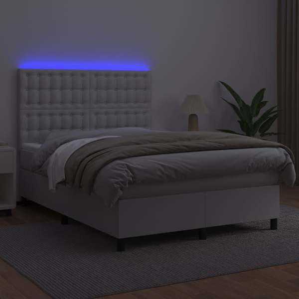 LED-valgustusega kontinentaalvoodi koos madratsiga, valge, 140 × 190 cm, kunstnahk — mudel 3135940