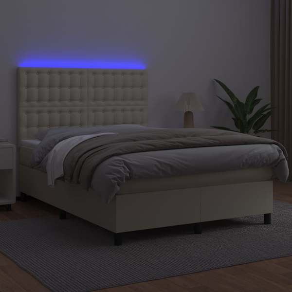 LED-valgustusega kontinentaalvoodi koos madratsiga, kreemjasvalge, 140 × 190 cm, kunstnahk — mudel 3135941