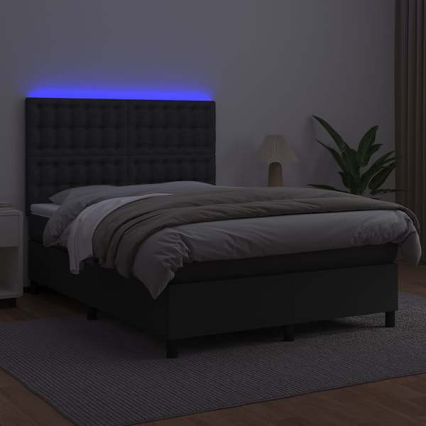 LED-valgustusega kontinentaalvoodi koos madratsiga, must, 140 × 200 cm, kunstnahk — mudel 3135945