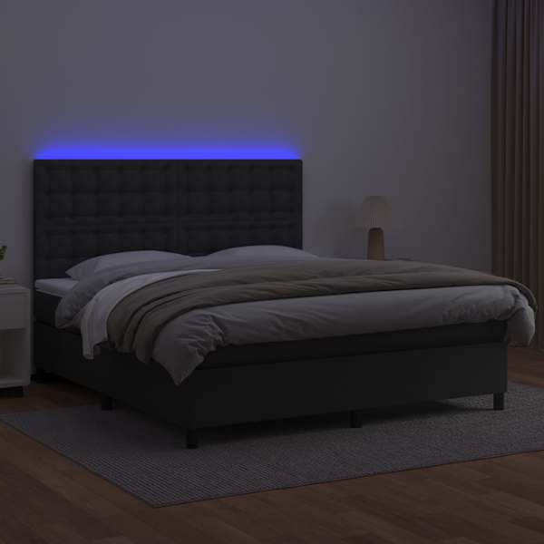 LED-valgustusega kontinentaalvoodi koos madratsiga, must, 160 × 200 cm, kunstnahk — mudel 3135951