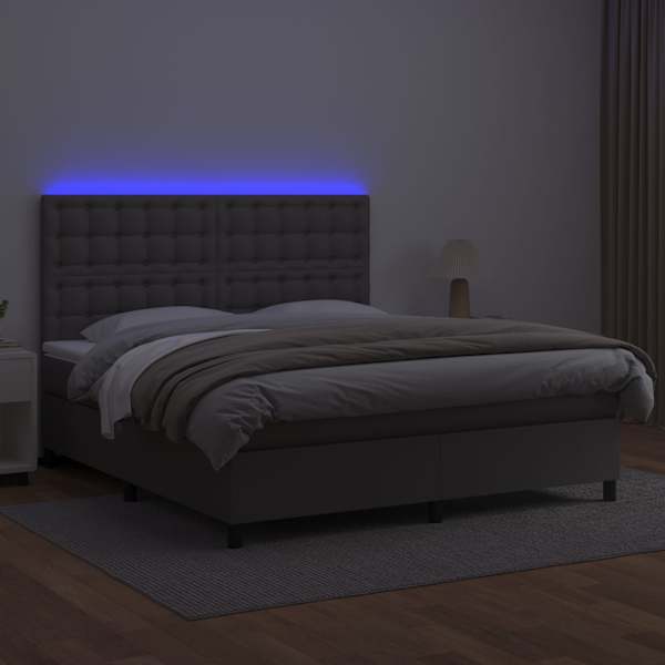 LED-valgustusega kontinentaalvoodi koos madratsiga, hall, 160 × 200 cm, kunstnahk — mudel 3135955