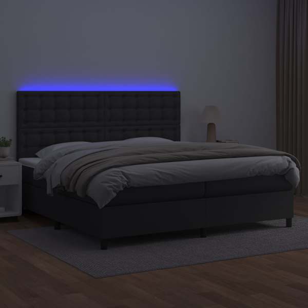 LED-valgustusega kontinentaalvoodi koos 2 madratsiga, must, 200 × 200 cm, kunstnahk — mudel 3135963