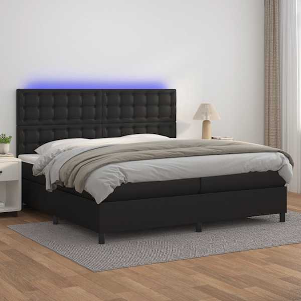 LED-valgustusega kontinentaalvoodi koos 2 madratsiga, must, 200 × 200 cm, kunstnahk — mudel 3135963