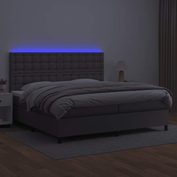 LED-valgustusega kontinentaalvoodi koos 2 madratsiga, hall, 200 × 200 cm, kunstnahk — mudel 3135967