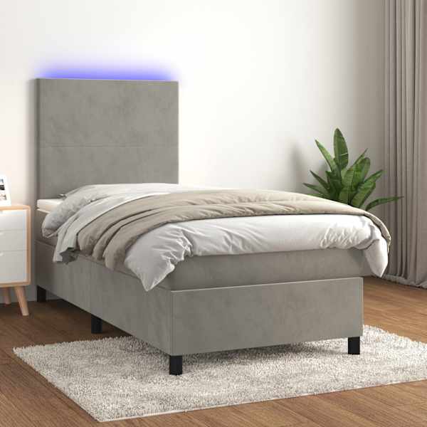 LED-valgustusega kontinentaalvoodi koos madratsiga, helehall, 90 × 190 cm, samet — mudel 3135975