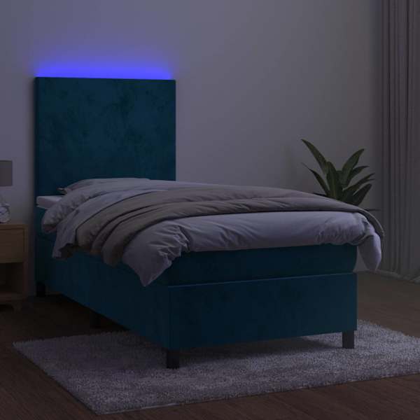 LED-valgustusega kontinentaalvoodi koos madratsiga, tumesinine, 100 × 200 cm, samet — mudel 3135991