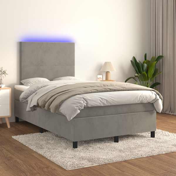 LED-valgustusega kontinentaalvoodi koos madratsiga, helehall, 120 × 200 cm, samet — mudel 3135993