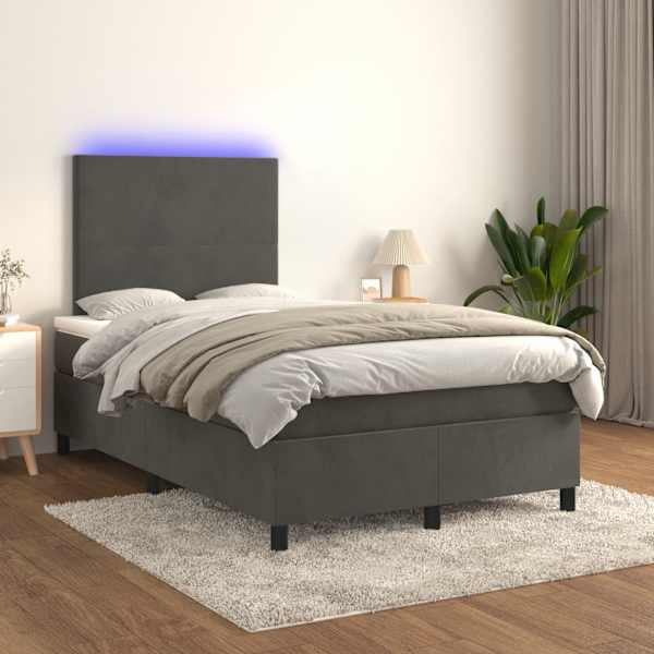 LED-valgustusega kontinentaalvoodi koos madratsiga, tumehall, 120 × 200 cm, samet — mudel 3135994