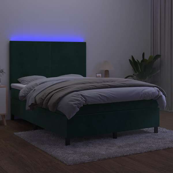 LED-valgustusega kontinentaalvoodi koos madratsiga, tumeroheline, 140 × 200 cm, samet — mudel 3136008
