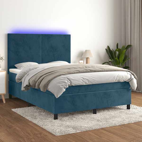 LED-valgustusega kontinentaalvoodi koos madratsiga, tumesinine, 140 × 200 cm, samet — mudel 3136009