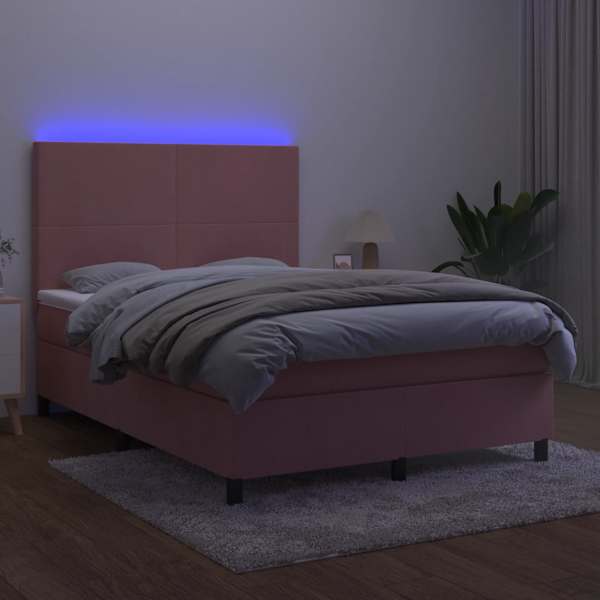 LED-valgustusega kontinentaalvoodi koos madratsiga, roosa, 140 × 200 cm, samet — mudel 3136010