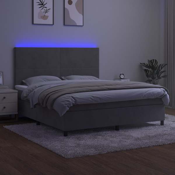 LED-valgustusega kontinentaalvoodi koos madratsiga, helehall, 160 × 200 cm, samet — mudel 3136011