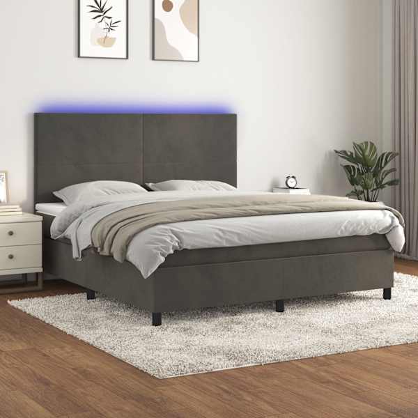 LED-valgustusega kontinentaalvoodi koos madratsiga, tumehall, 160 × 200 cm, samet — mudel 3136012