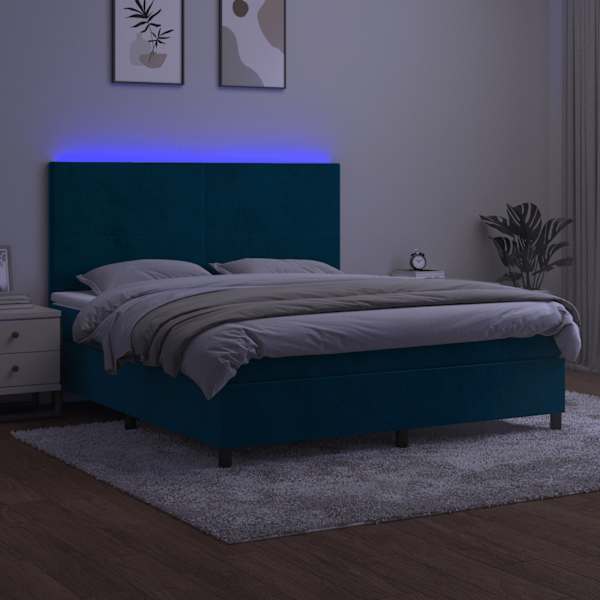 LED-valgustusega kontinentaalvoodi koos madratsiga, tumesinine, 160 × 200 cm, samet — mudel 3136015
