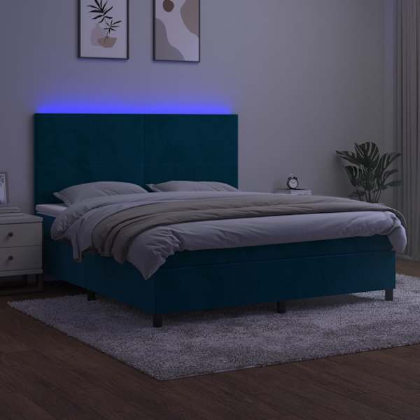 LED-valgustusega kontinentaalvoodi koos madratsiga, tumesinine, 180 × 200 cm, samet — mudel 3136021