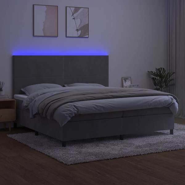 LED-valgustusega kontinentaalvoodi koos 2 madratsiga, helehall, 200 × 200 cm, samet — mudel 3136023