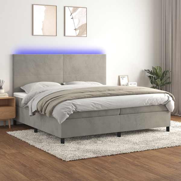 LED-valgustusega kontinentaalvoodi koos 2 madratsiga, helehall, 200 × 200 cm, samet — mudel 3136023